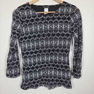 Vtg Y2K Brittany Black Floral Embroidered Sparkle Mesh Top Fairy Grunge Large